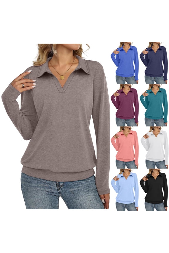 Womens Long Sleeve T Shirts Winter Tops for Women Knitted V-Neck Solid Color Long Sleeve Fashion Loose Top