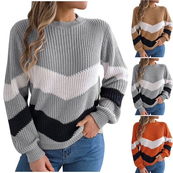 Ashirexll Womens Long Sleeve T Shirts, Winter Tops for Women, Ladies Casual Oversize Striped Round Neck Long Sleeve Sweater Blouses