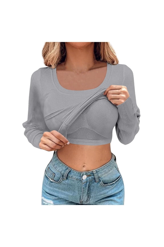 Womens Long Sleeve T Shirts, Winter Tops for Women, Ladies' Tops with Chest Padded Full Elastic Long Sleeve Square Neck Pullover Tops