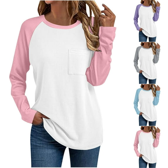 Ashirexll Womens Long Sleeve T Shirts Winter Tops for Women Solid Color Round Neck Pocket Detail Long Sleeve Fashion Shirt