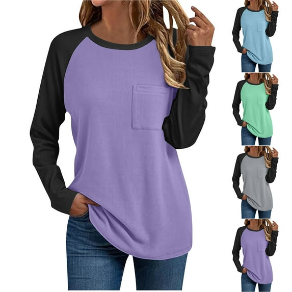 Ashirexll Womens Long Sleeve T Shirts Winter Tops for Women Solid Color Round Neck Pocket Detail Long Sleeve Fashion Shirt