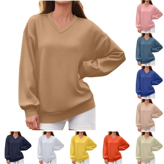 Ashirexll Womens Long Sleeve Tops Casual Crewneck Sweatshirts Women Oversized Sweatshirt Winter Tops Solid Color V-Neck Pullover Blouse