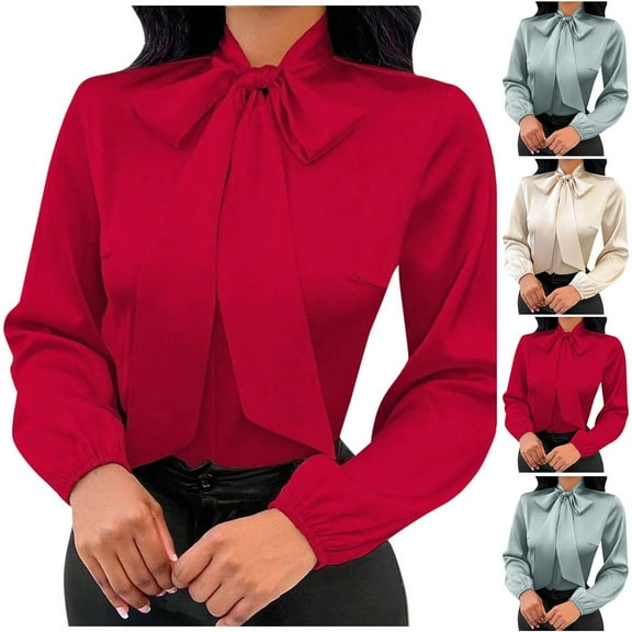 Ashirexll Womens Long Sleeve Tops Casual Winter Tops for Fashion Solid Color Stand Collar Bow Tie Pullover Blouse Shirt