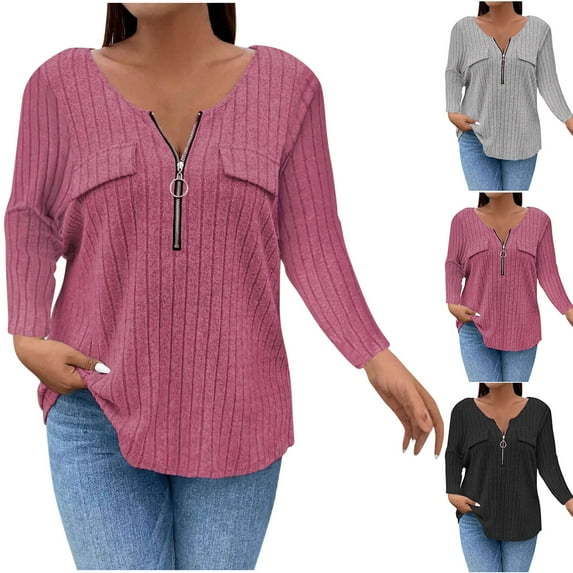 Ashirexll Womens Long Sleeve Tops Casual Winter Tops for Oversized Solid Color V-Neck Pullover Loose Fitting Blouse Shirt