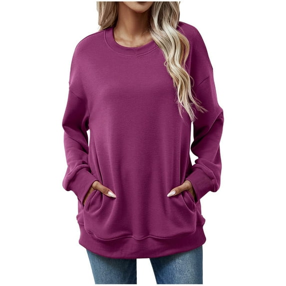 Ashirexll Womens Long Sleeve Tops Casual Winter Tops for Solid Color Round Neck Pullover with Double Pocket Fashion Sweatshirt