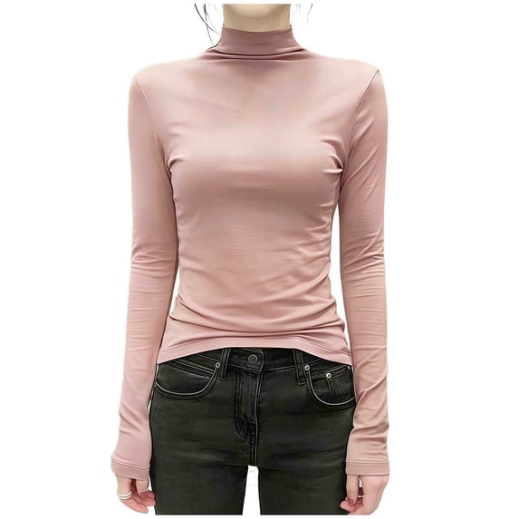 Ashirexll Womens Long Sleeve Tops High Neck Solid Color Casual Style Long Sleeve Pullover Top