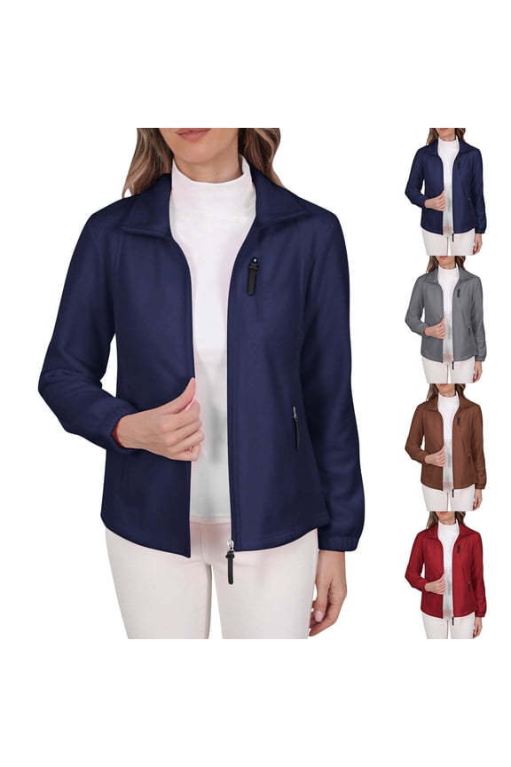 Womens Long Sleeve Tops Winter Tops Ladies Casual Colored Full Zip Multi Pocket Capless Fleece Jacket