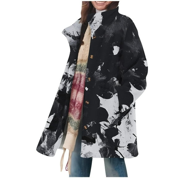 Ashirexll Womens Long Sleeve Tops, Womens Fleece Coats, Casual Warm Printed Loose Collar Button Long Sleeved Jacket for Winter