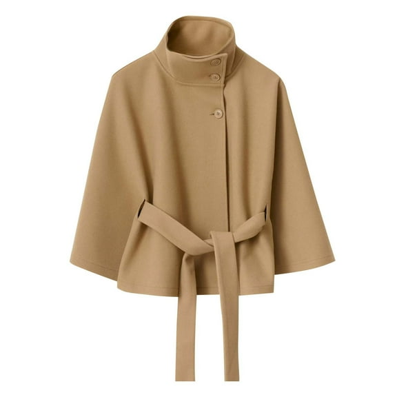Ashirexll Womens Long Sleeve Tops, Womens Fleece Coats, Fashion Casual Solid Color Cape Stand Collar Button Belt Trench Coat