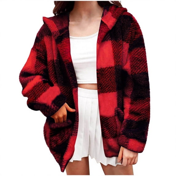 Ashirexll Womens Long Sleeve Tops, Womens Fleece Coats, Fashion Warm Winter Casual Long Sleeve Hooded Plaid Coat for Outerwear