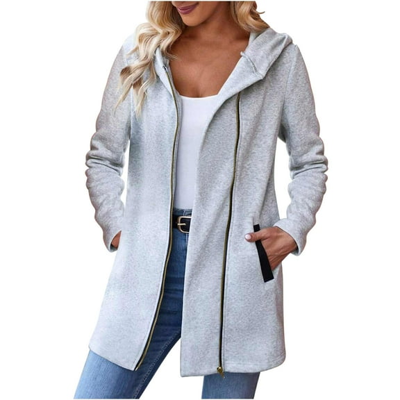 Ashirexll Womens Long Sleeve Tops, Zip Up Hoodie Women, Fashion Solid Color Zipper Pocket Hooded Sweatshirt Jacket