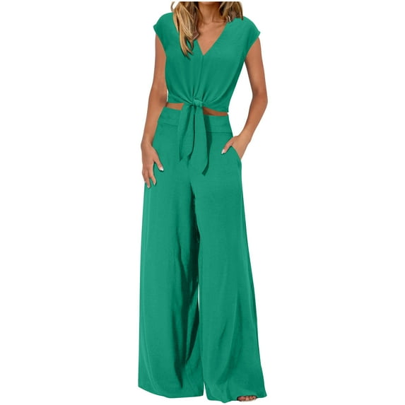 Ashirexll Womens Loungewear Set, Lounge Sets for Women 2 Piece, Casual V-Neck Long Sleeved Lace Up Exposed Navel Top Wide Leg Pants Set Green XXL