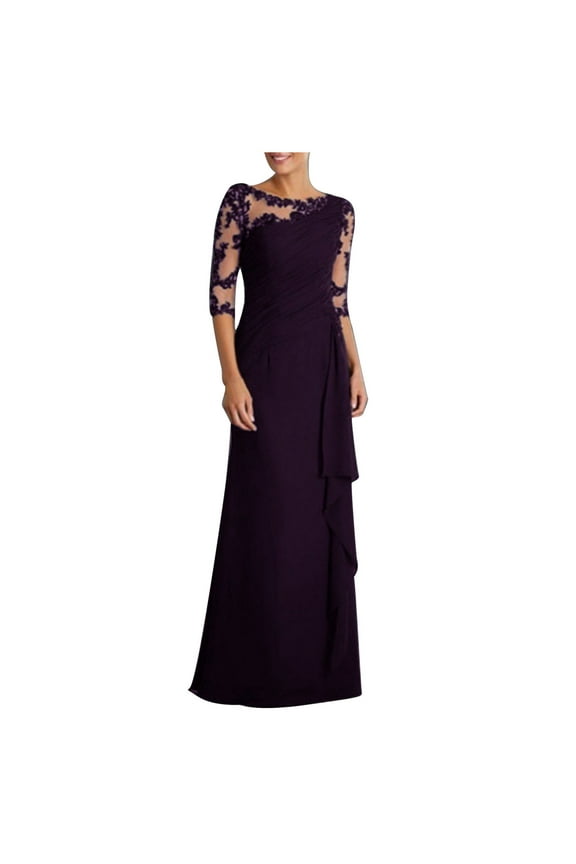 Womens Maxi Dresses Fall Casual Round Neck Short Sleeve Solid Long Dress Wedding Guest Dresses for Women Bride Evening Party Purple L