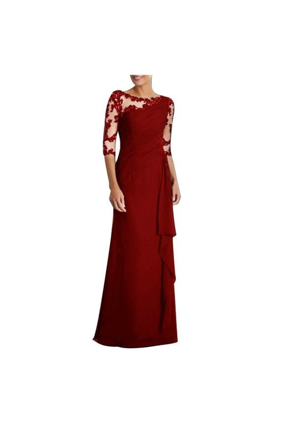 Womens Maxi Dresses Fall Casual Round Neck Short Sleeve Solid Long Dress Wedding Guest Dresses for Women Bride Evening Party Wine XXL