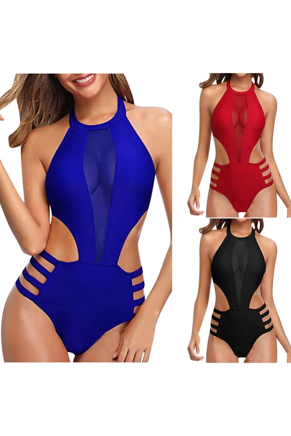 Womens One Piece Swimsuit Fashion Casual Solid Color Waist Slim Net Yarn Hollow Out Bikinis Sets