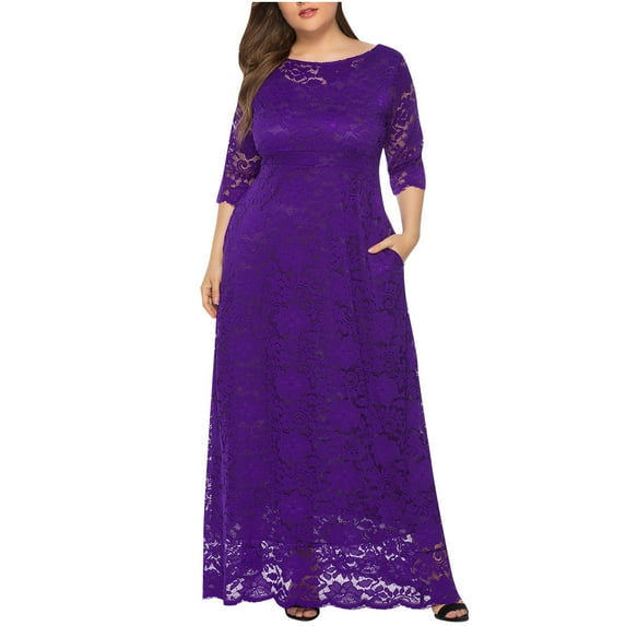 Ashirexll Womens Prom Dress, Large Plus Size Hollow Lace Dress with Pockets, Evening Long Maxi Dress Skirt Swing Cocktail Party Dress Purple 4XL