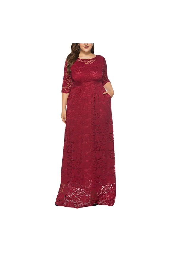 Womens Prom Dress, Large Plus Size Hollow Lace Dress with Pockets, Evening Long Maxi Dress Skirt Swing Cocktail Party Dress Red 4XL
