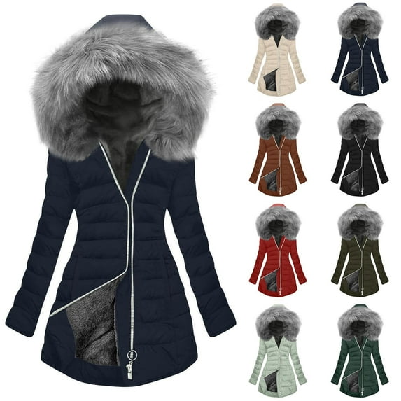 Ashirexll Womens Puffer Coats, Winter Coats for Women, Fashion Solid Color Long Sleeve Zipper Pockets Hooded Jacket
