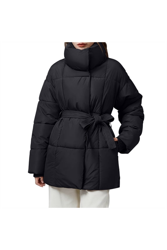 Womens Puffer Coats, Winter Coats for Women, Standing Collar Solid Color Long Sleeve Belt Jacket Fashionable Style