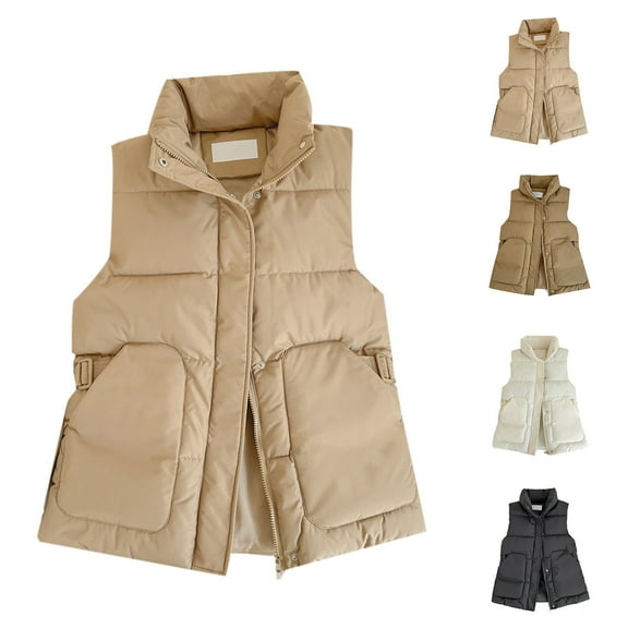 Ashirexll Womens Puffer Vest, Womens Winter Coats, Stand Collar Loose Fitting Sleeveless Mid-Length Tank Warm Layering Outerwear Coats