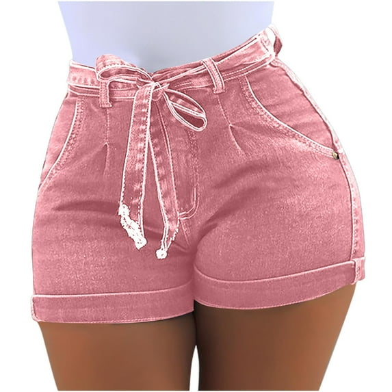 Ashirexll Womens Shorts Plus Size Solid Color Casual Lightweight Micro Elastic Washed Denim Baggy Shorts with Pockets Pink 3XL