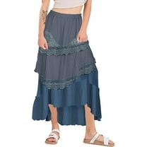 Ashirexll Womens Skirts, Long Flowy Skirts for Women, Plus Size Summer Comfortable Breathable Patchwork Lace and Large Hem Maxi Skirt Blue 3XL