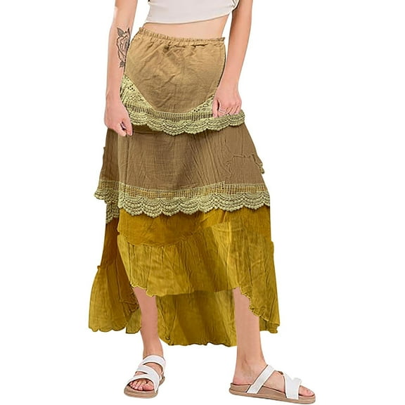 Ashirexll Womens Skirts, Long Flowy Skirts for Women, Plus Size Summer Comfortable Breathable Patchwork Lace and Large Hem Maxi Skirt Yellow XXL