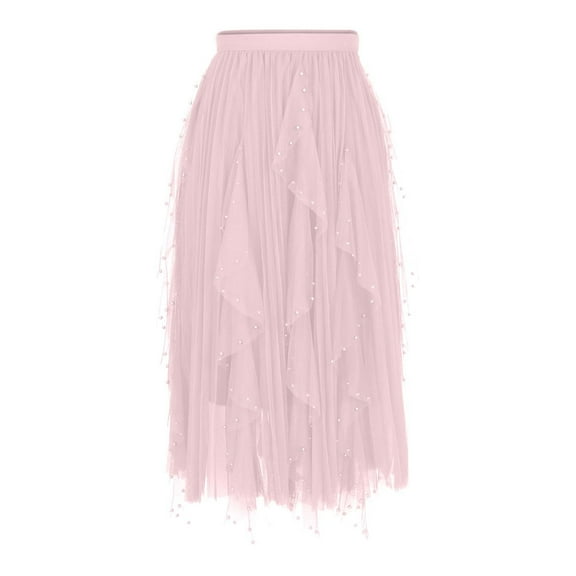 Ashirexll Womens Skirts, Plus Size Solid Color High Waist Bead Mesh High Elasticity Waistband Flowy Maxi Long Skirt Pink Free Size