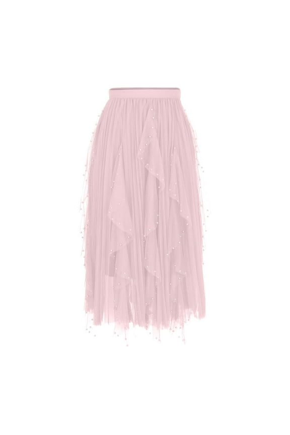 Womens Skirts, Plus Size Solid Color High Waist Bead Mesh High Elasticity Waistband Flowy Maxi Long Skirt Pink Free Size