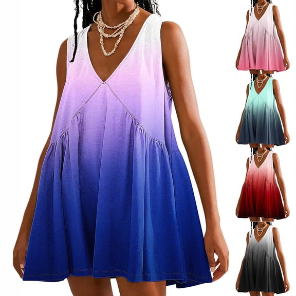 Ashirexll Womens Summer Dresses, Casual Dresses for Women, Casual Loose Patchwork Color Pleated Sleeveless V-Neck Pocket Dress