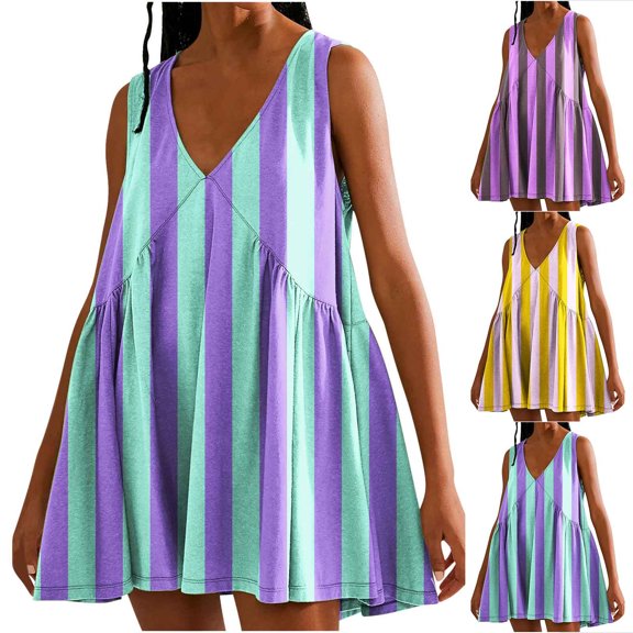 Ashirexll Womens Summer Dresses, Casual Dresses for Women, Casual Loose Patchwork Color Pleated Sleeveless V-Neck Pocket Dress