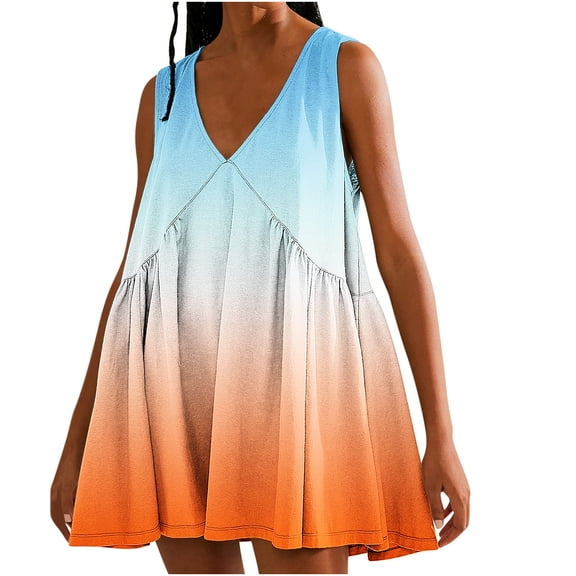 Ashirexll Womens Summer Dresses, Casual Dresses for Women, Casual Loose Patchwork Color Pleated Sleeveless V-Neck Pocket Dress