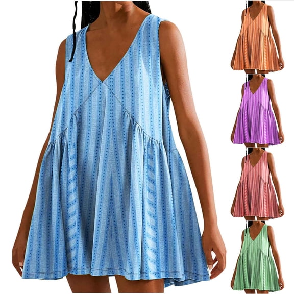 Ashirexll Womens Summer Dresses, Casual Dresses for Women, Casual Loose Patchwork Color Pleated Sleeveless V-Neck Pocket Dress