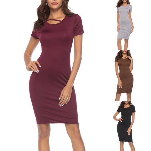 Ashirexll Womens Summer Dresses, Casual Dresses for Women, Crew Neck Short Sleeve Fitted Solid Bodycon Mid-Length Dress