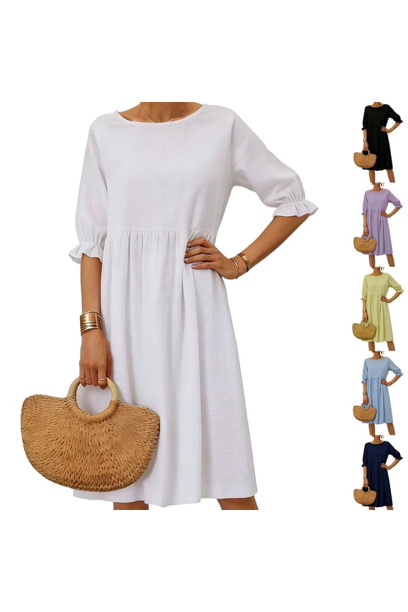Womens Summer Dresses, Casual Dresses for Women, Fashion Solid Color Loose Round Neck Ruffled Linen Tiered Dress