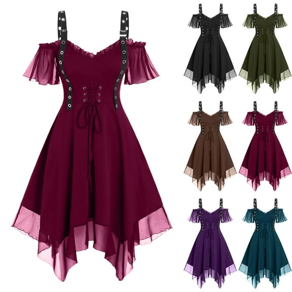 Ashirexll Womens Summer Dresses, Casual Dresses for Women, Plus Size Cold Shoulder Sleeve Solid Lace Up Front Dress