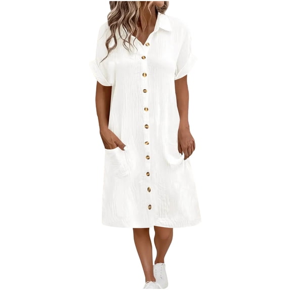 Ashirexll Womens Summer Dresses, Casual Dresses for Women, Solid Color Casual Short Sleeve Button Front Shirt Dress