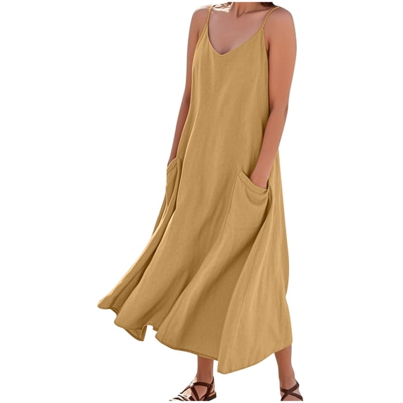 Ashirexll Womens Summer Dresses, Casual Dresses for Women, Summer Linen Look Suspender Solid Color Pocket Long Dress