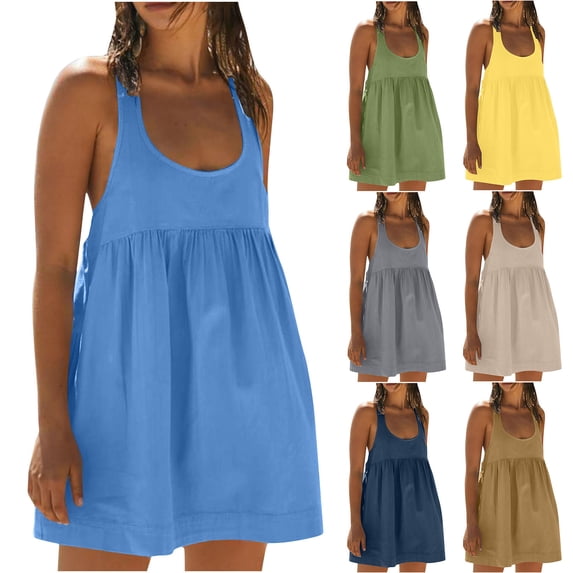 Ashirexll Womens Summer Dresses, Flowy Dresses for Women, Casual Loose Solid Color Pocket Pleated Sleeveless Round Neck Dress