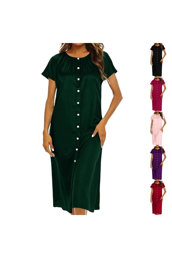 Womens Summer Dresses, Flowy Dresses for Women, Casual Solid Color Loose Round Neck Gathered Button Front Dress