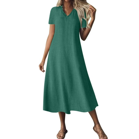 Ashirexll Womens Summer Dresses, Flowy Dresses for Women, Classic V-Neck Short Sleeve Casual Loose Summer A-Line Dress