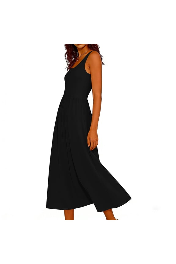 Womens Summer Dresses, Flowy Dresses for Women, Dresses Summer Casual Round Neck Sleeveless Solid Color Boho Sundress