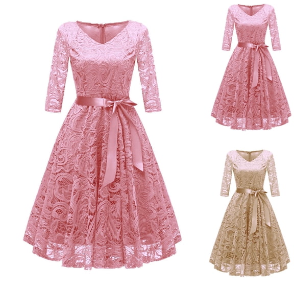 Ashirexll Womens Summer Dresses, Flowy Dresses for Women, Elegant Three Quarter Sleeve Lace Full Length Maxi Dress