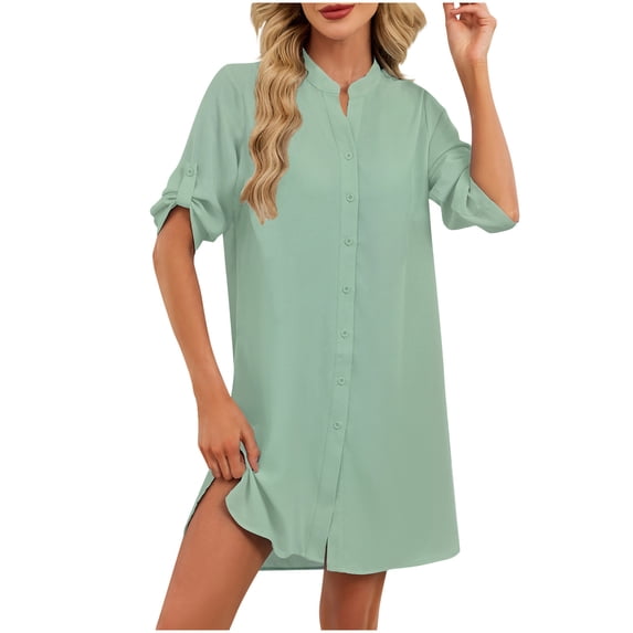 Ashirexll Womens Summer Dresses, Flowy Dresses for Women, Fashion Casual Lapel Solid Color Button Short Sleeve Shirt Dress