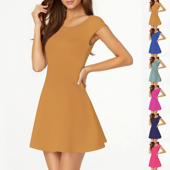 Ashirexll Womens Summer Dresses, Flowy Dresses for Women, Fashion Solid Color Lace Short Sleeve Round Neck Dress