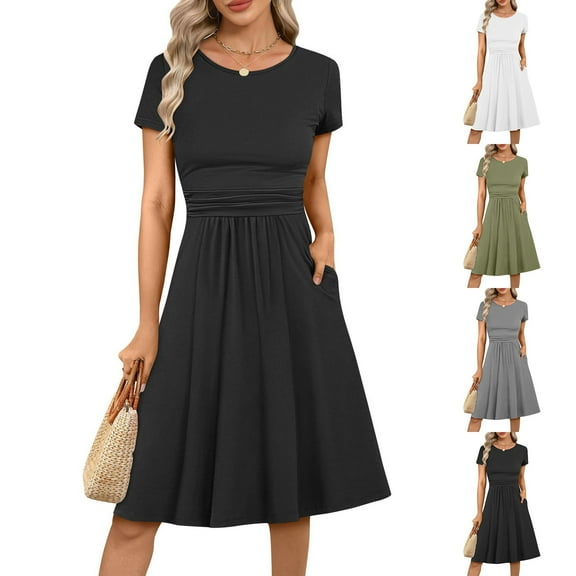 Ashirexll Womens Summer Dresses, Flowy Dresses for Women, Solid Color Round Neck Sun Protection Short Sleeve Top