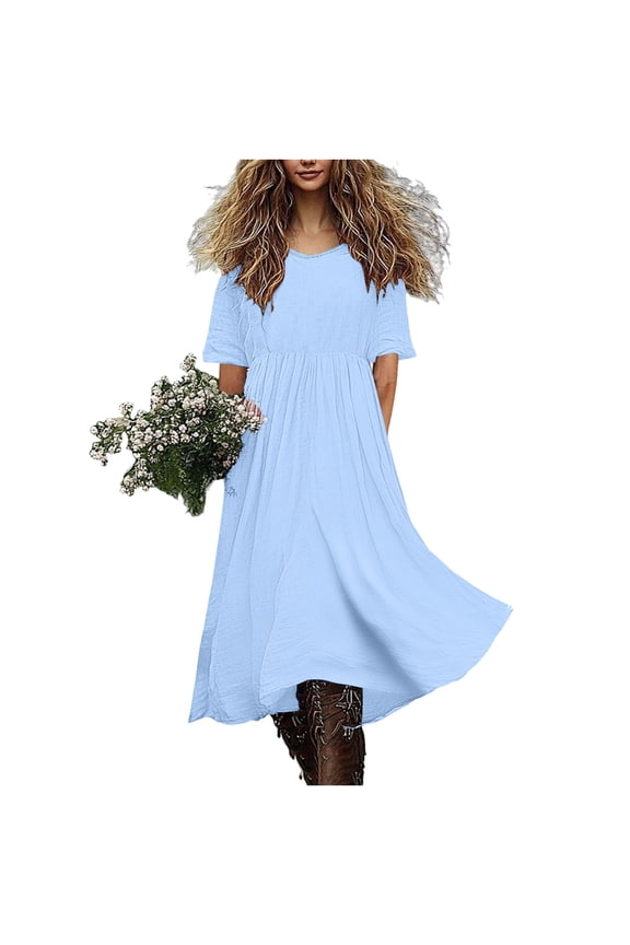 Womens Summer Dresses, Flowy Dresses for Women, Summer Solid Color Round Neck Waist Cinched Short Sleeve Flowing Maxi Dress