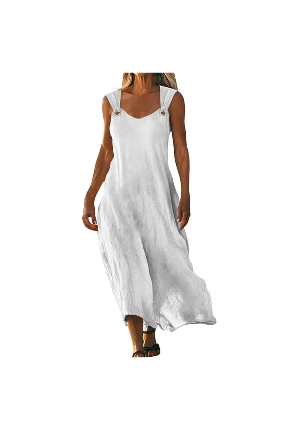 Womens Summer Dresses, Flowy Dresses for Women, Summer Solid Color Round Neck Waist Cropped Sleeveless Flowy Strappy Long Dress