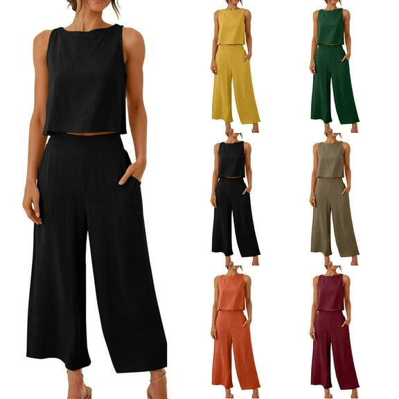 Ashirexll Womens Summer Outfits, Two Piece Sets for Women, Fashion Round Neck Solid Color Sleeveless Blouse and Pocket Pants Set