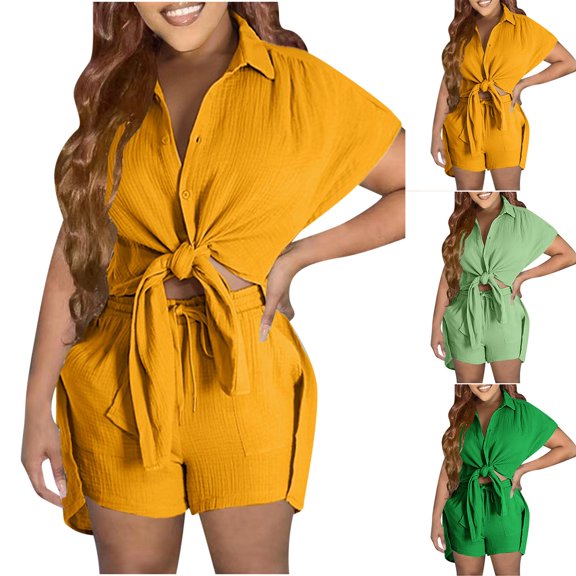 Ashirexll Womens Summer Outfits, Two Piece Sets for Women, Fashion Solid Color Short Sleeve Cardigan Blouse and Pants Set